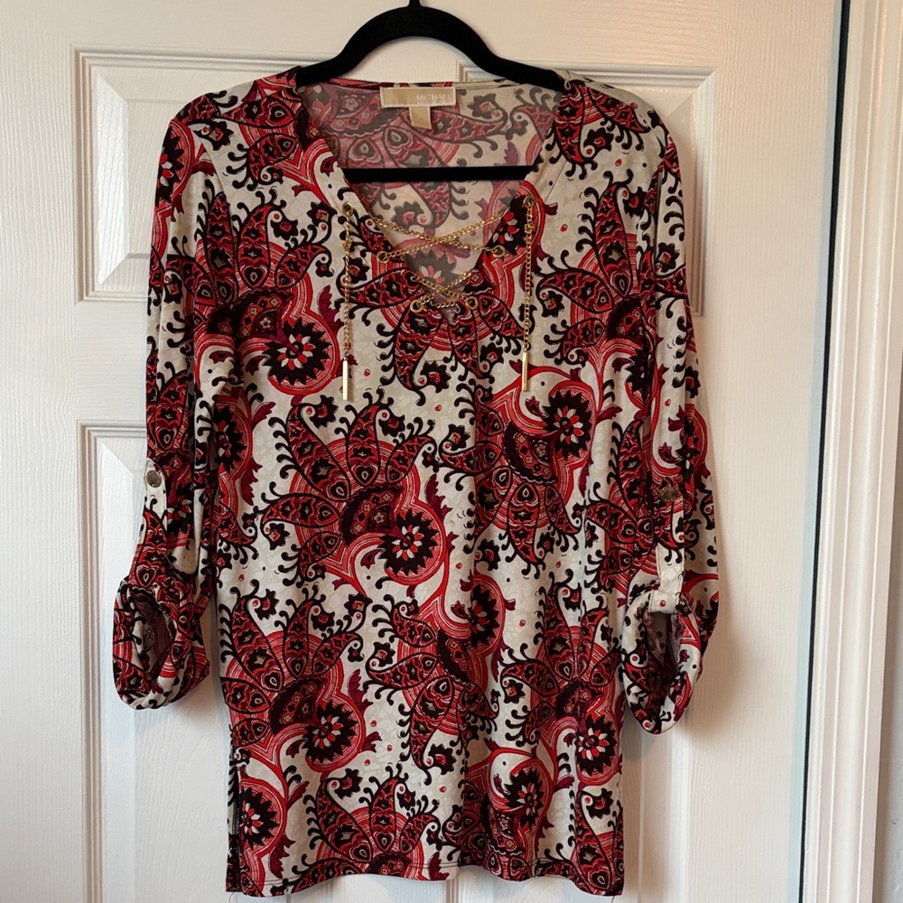 Michael Kors Silky Paisley Lightweight Blouse with Gold Chains size Small